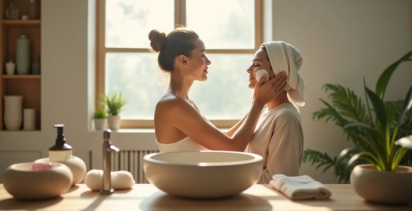 Hände führen sanfte, massierende Bewegungen mit Reinigungsschaum im Gesicht aus, in einer ruhigen, von natürlichem Licht durchfluteten Badezimmer-Atmosphäre.