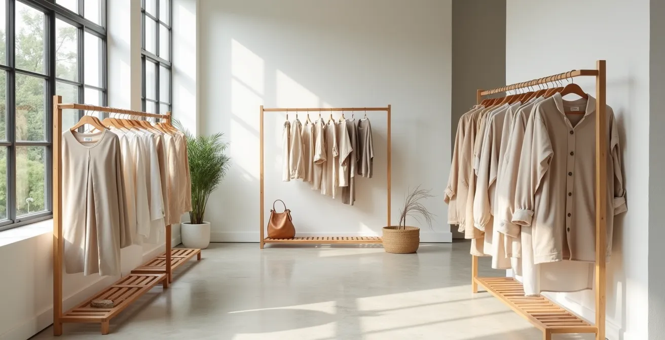 Minimalistischer Showroom mit nachhaltiger Mode auf Holzkleiderstangen und natürlichen Materialien