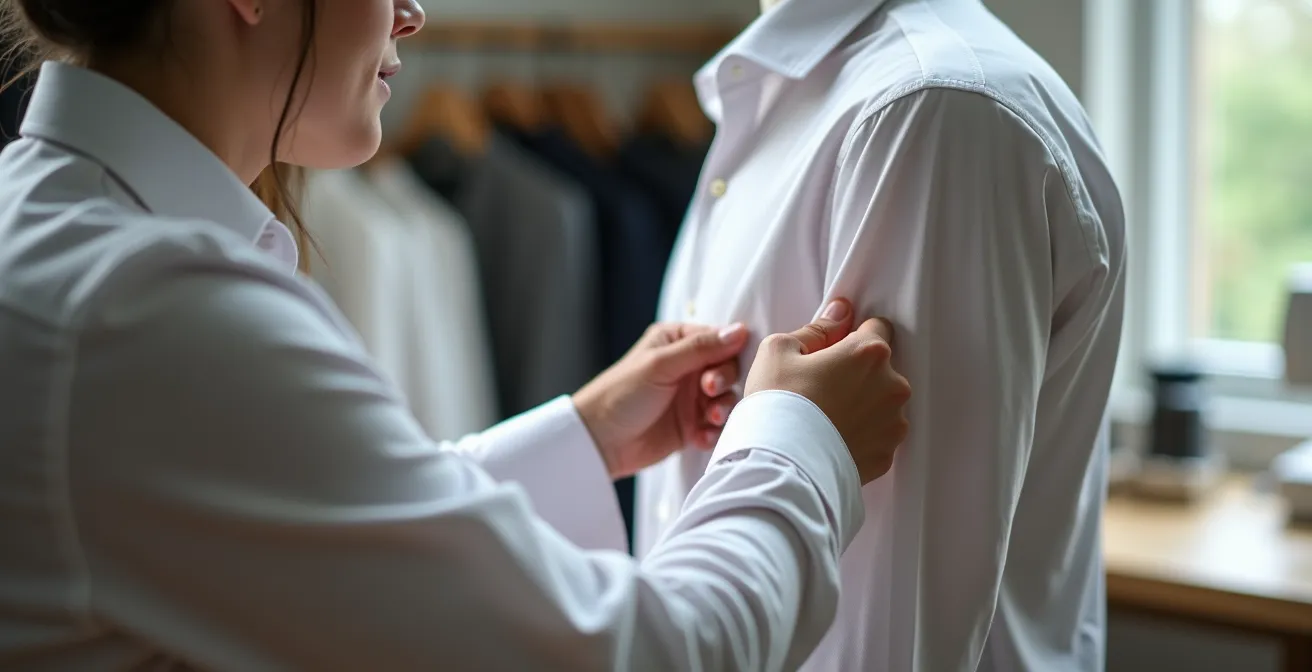 Detailaufnahme eines perfekt sitzenden Hemdes mit präziser Schulternaht und idealer Ärmellänge