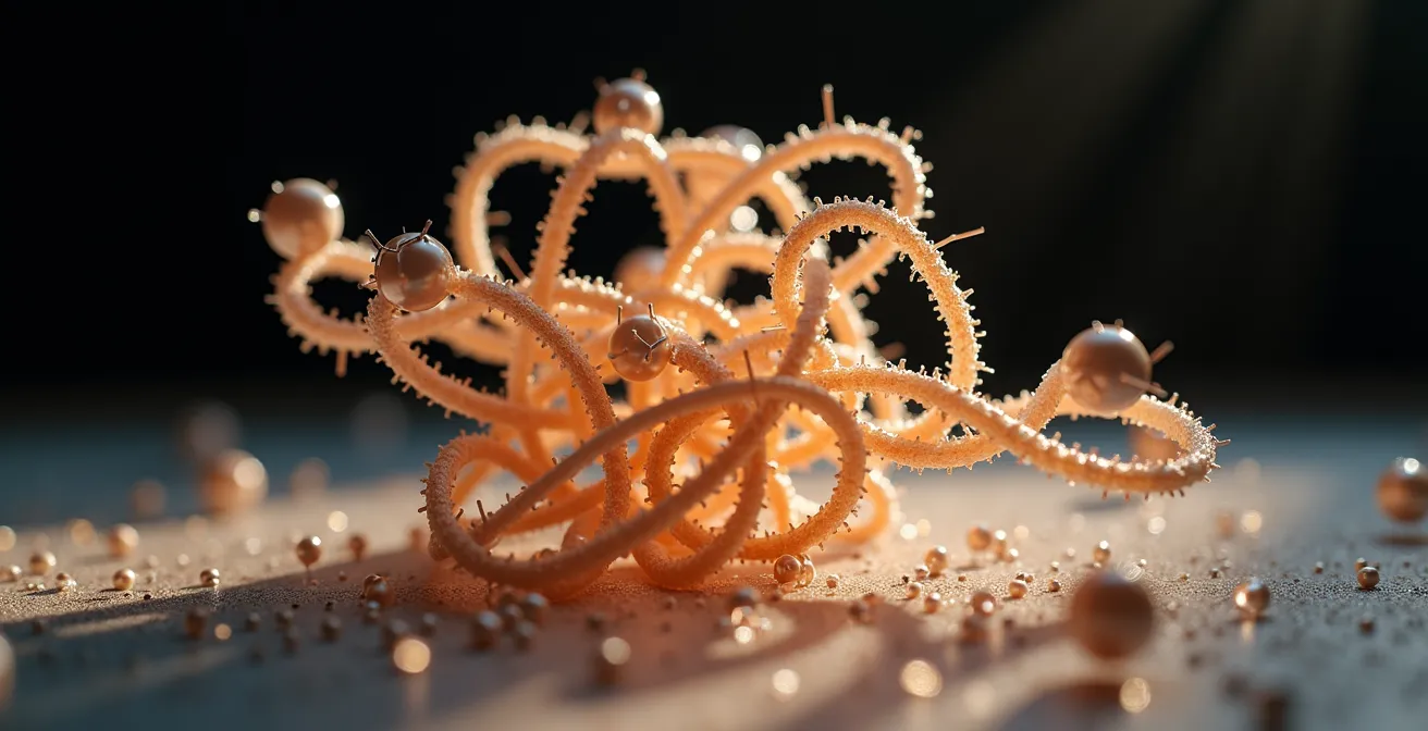 Mikroskopische Darstellung der Keratinstruktur im Haar mit sichtbaren Proteinbindungen