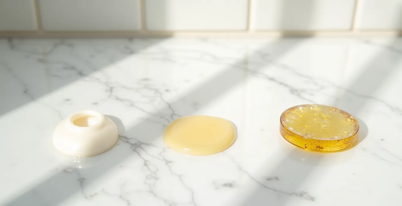 Verschiedene Reinigungstexturen im natürlichen Badezimmerlicht