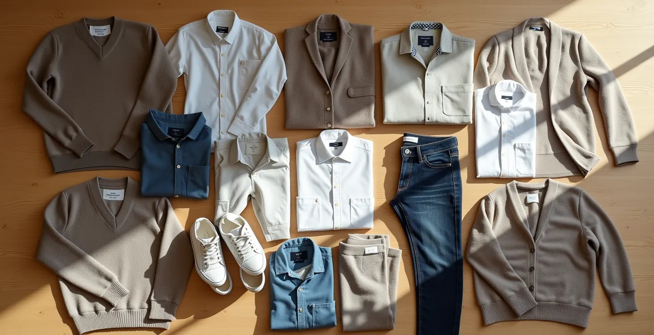 Flach gelegte Ansicht von 15 essentiellen Kleidungsstücken in harmonischen Neutraltönen
