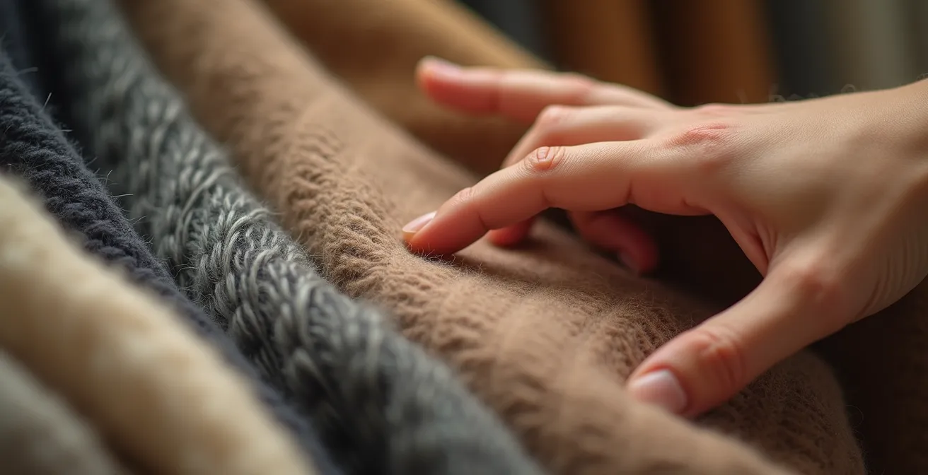 Nahaufnahme einer Hand, die über verschiedene Kleidungsstücke in warmen Erdtönen streicht