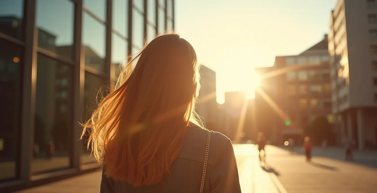 Frau mit geschütztem Haar in städtischer Umgebung mit sichtbaren Sonnenstrahlen