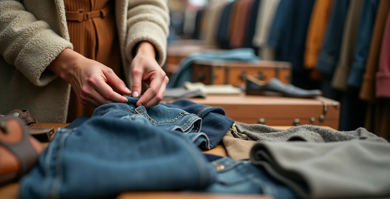 Hände durchsuchen Vintage-Kleidung auf einem Flohmarkt mit natürlichem Licht