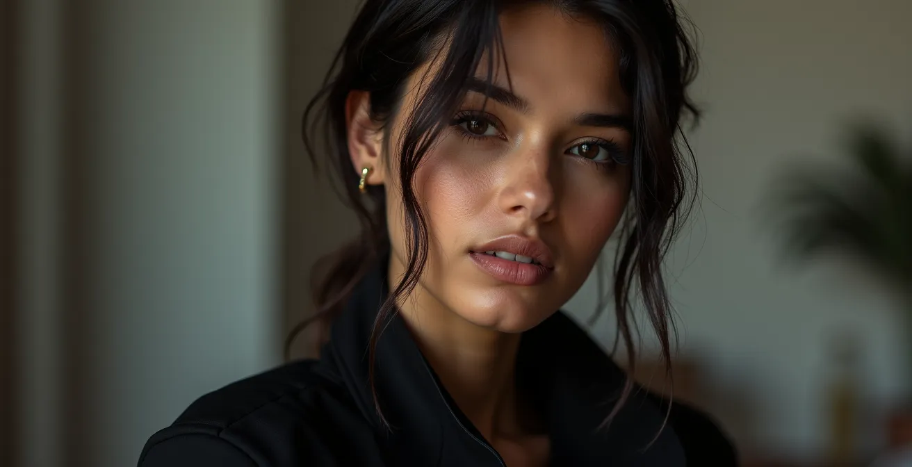 Porträt einer Person in schlichter Kleidung, bei dem der Fokus durch dramatische Beleuchtung auf einem einzelnen, kühnen Schmuckstück liegt.