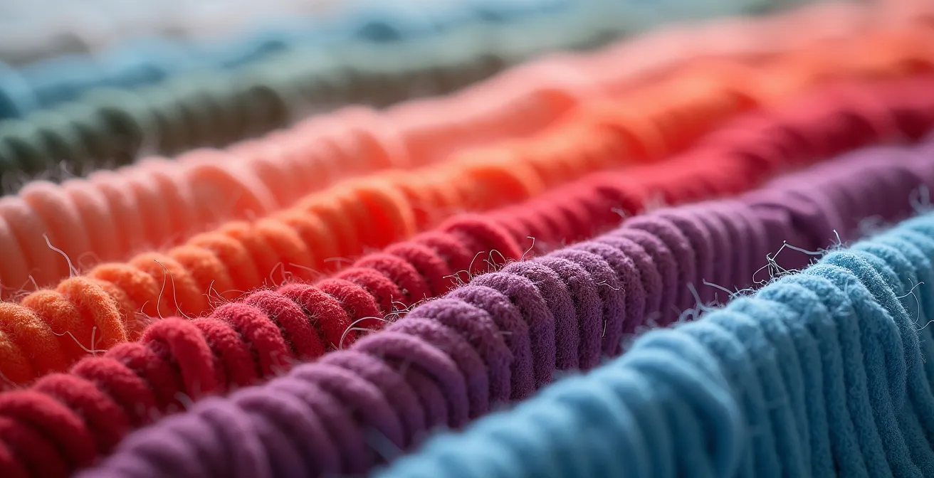 Organisierte Garderobe mit farbkoordinierten Kleidungsstücken in harmonischer Anordnung