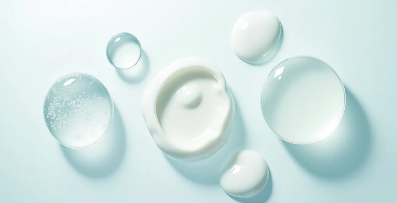 Makroaufnahme verschiedener Serum-Texturen auf Glasoberfläche